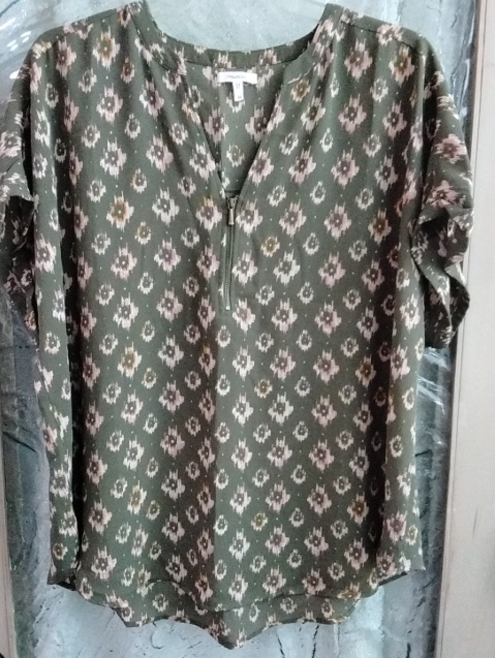 Maurices Geneva Olive Green Ikat Print V-Neck Blouse
